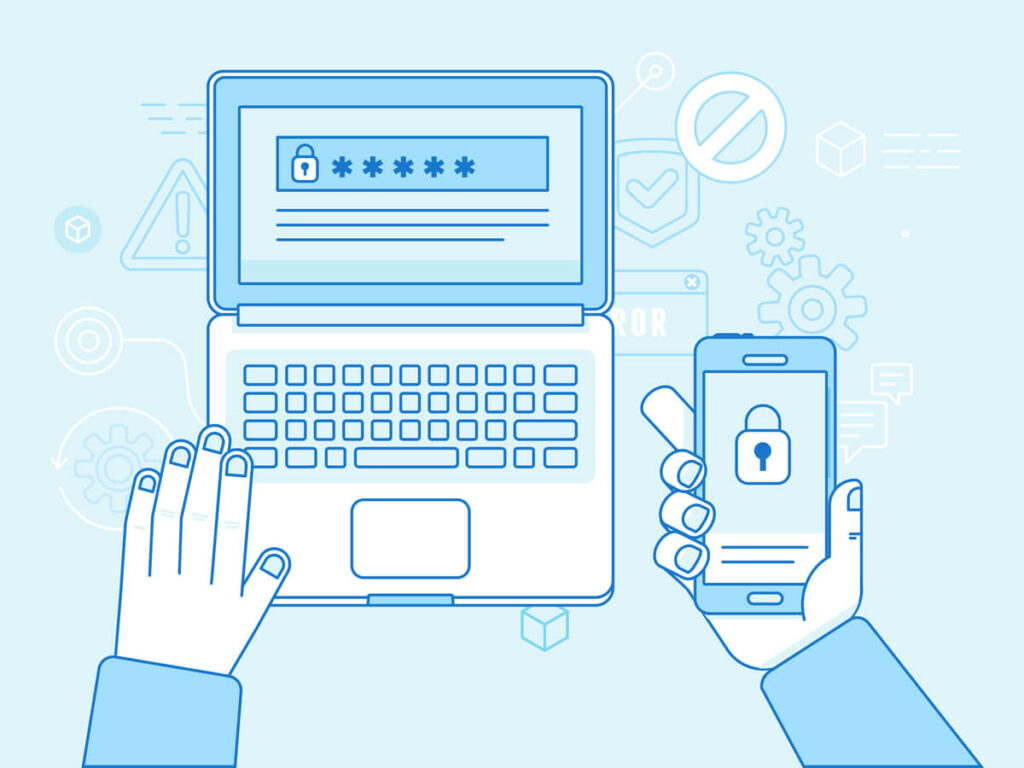 An illustration of a computer and a cell phone showing how multi factor authentication can be used to log in to an account.