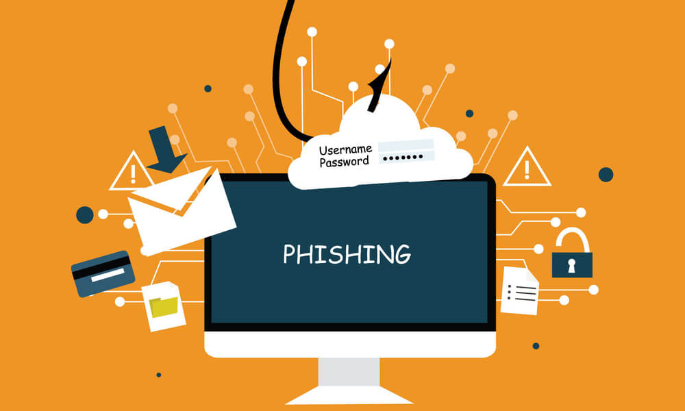 graphic of a computer with a cloud showing fields for username and password and a hook with text that says "phishing.".