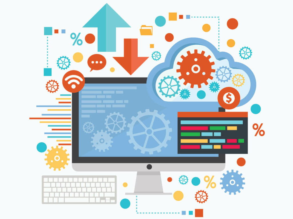 graphic of computer with gears and a cloud icon