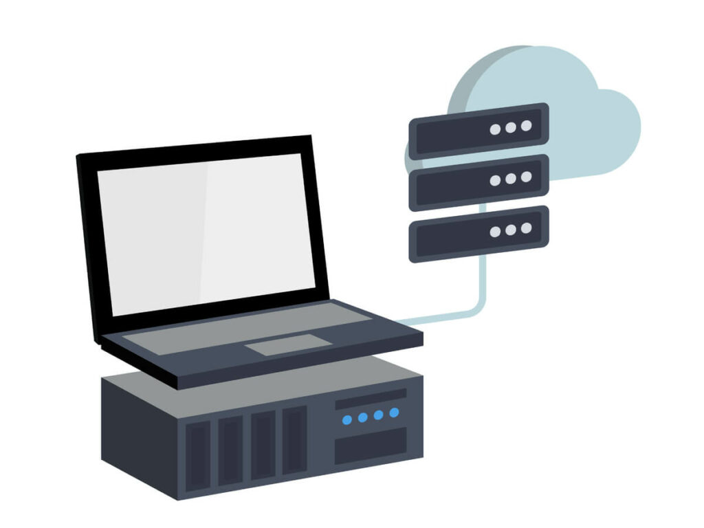 computer and server with a cloud server icon representing virtualization technology